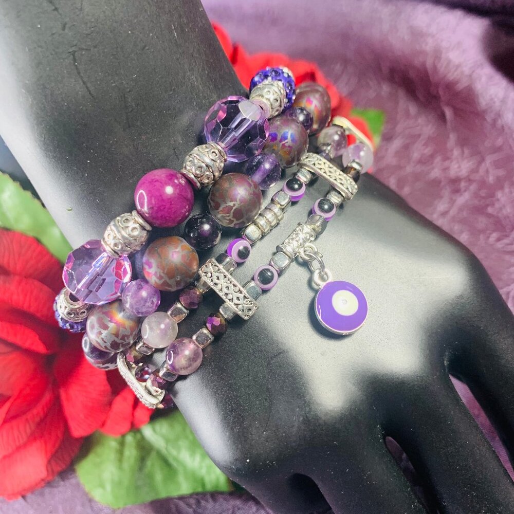 One-of-a-Kind Evil Eye Fluorite, Crackled Glass, Resin & Pewter Bracelet Set